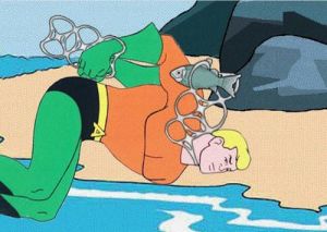 Aquaman, trapped like a fish in a plastic ring!